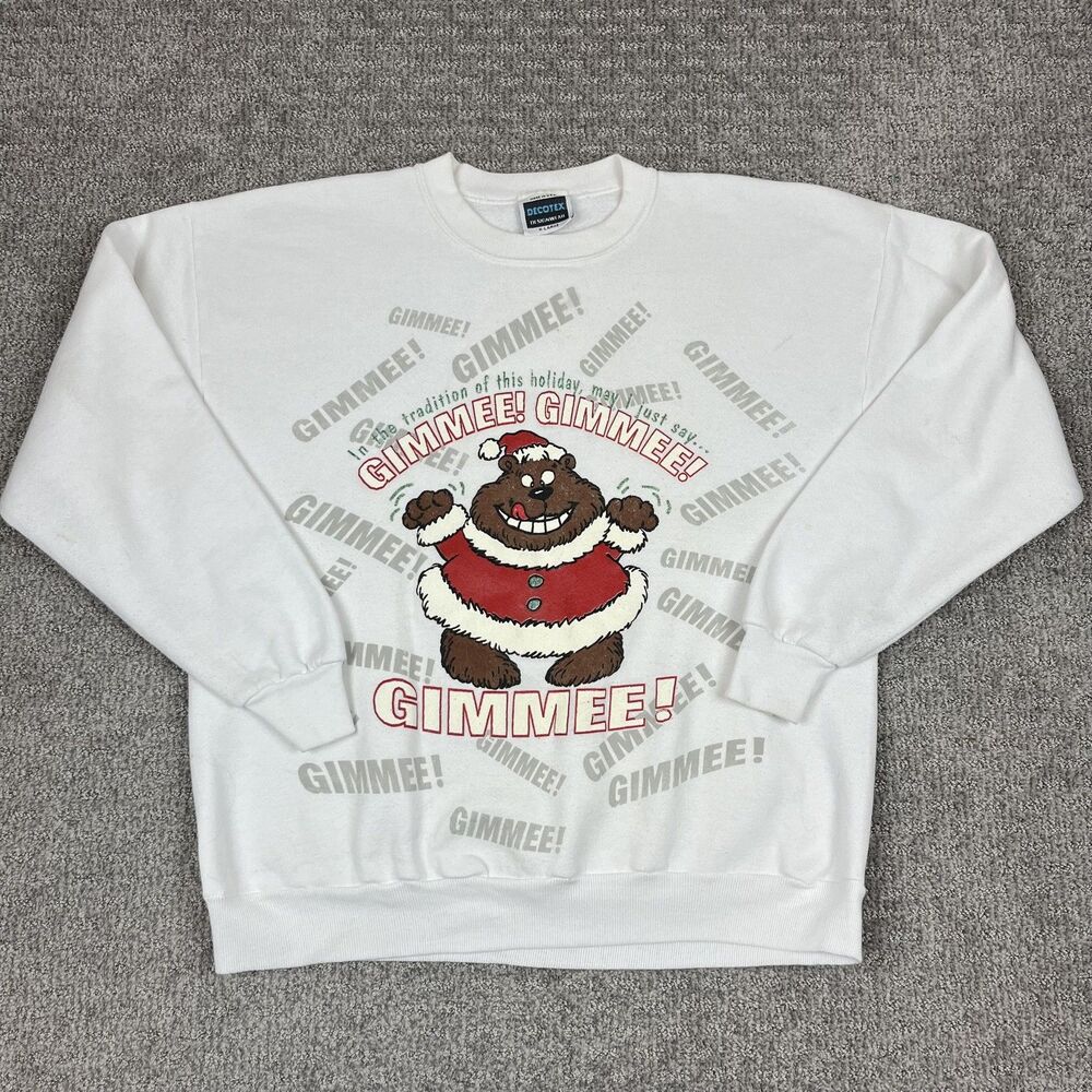 Vintage DECOTEX Sweatshirt Adult XL White Christmas Bear Graphic USA 80s 90s